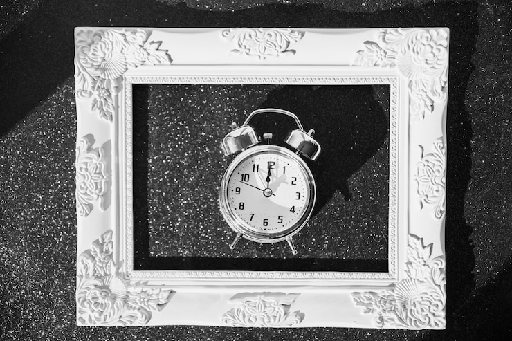 Photo gratuit petite horloge dans le cadre sur la table