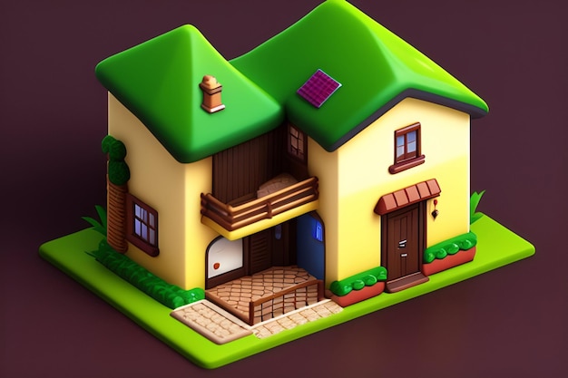 Une petite maison avec un toit vert et un petit porche.