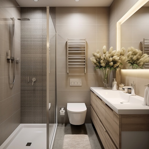 Photo gratuite petite salle de bain de style moderne avec mobilier