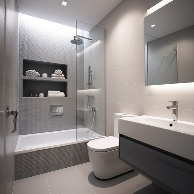 Photo gratuite petite salle de bain de style moderne avec mobilier