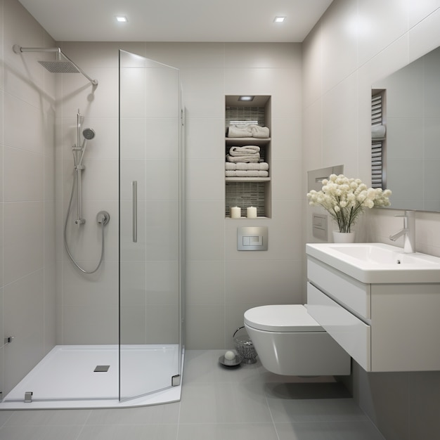 Photo gratuite petite salle de bain de style moderne avec mobilier