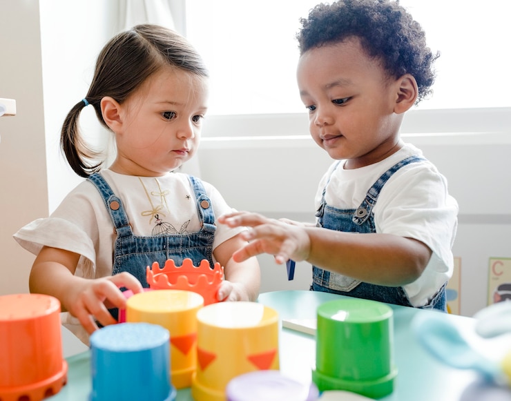 Photo gratuit petits enfants jouant des jouets au centre d'apprentissage
