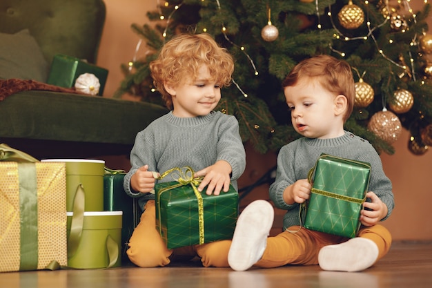 Petits enfants près de sapin de Noël dans un pull gris