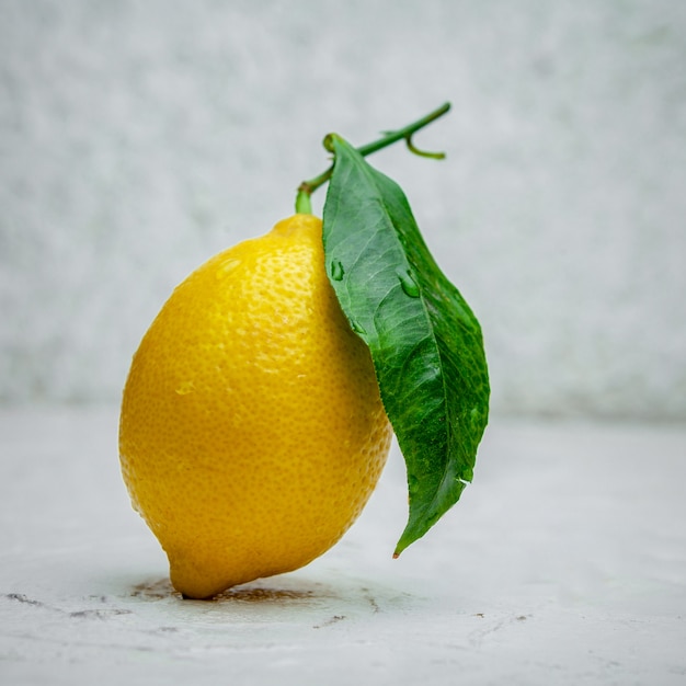 Un peu de citron avec sa feuille sur fond texturé blanc, vue latérale.