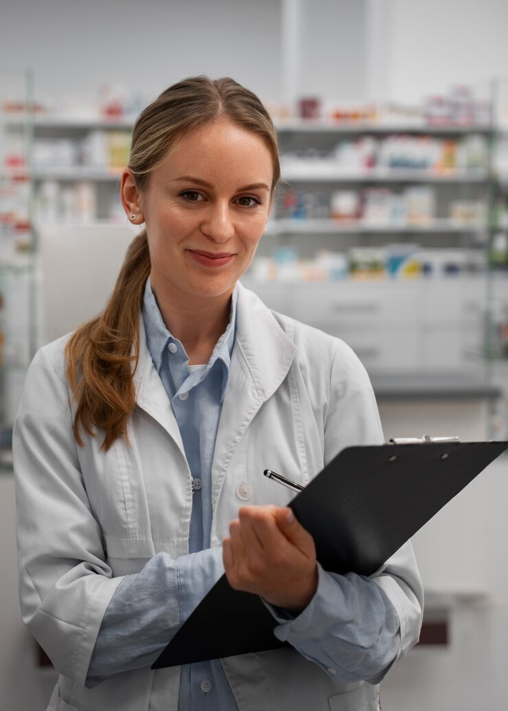 Photo gratuit pharmacien féminin vérifiant la médecine avec le presse-papiers