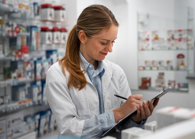 Pharmacien féminin vérifiant la médecine avec le presse-papiers