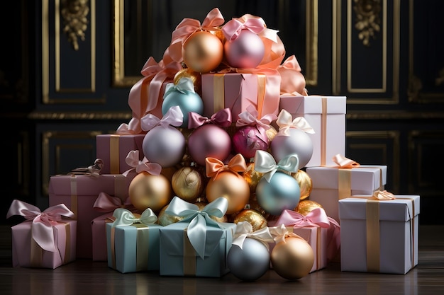 Photo gratuite une photo de l'arbre de noël et des décorations de boîtes de noël colorées