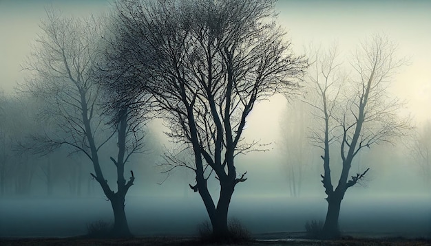 Une photo d'arbres dans une forêt brumeuse