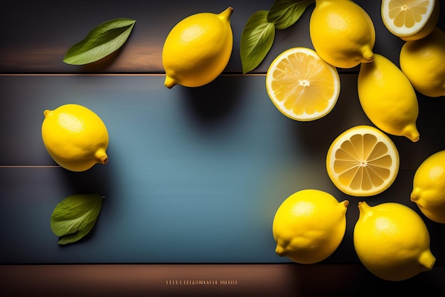 Une photo de citrons et de feuilles sur fond bleu