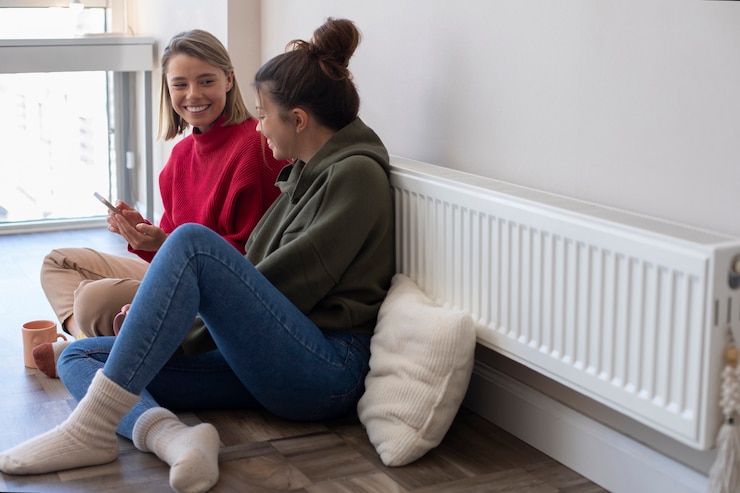 Photo gratuit une photo complète de femmes souriantes avec un smartphone.