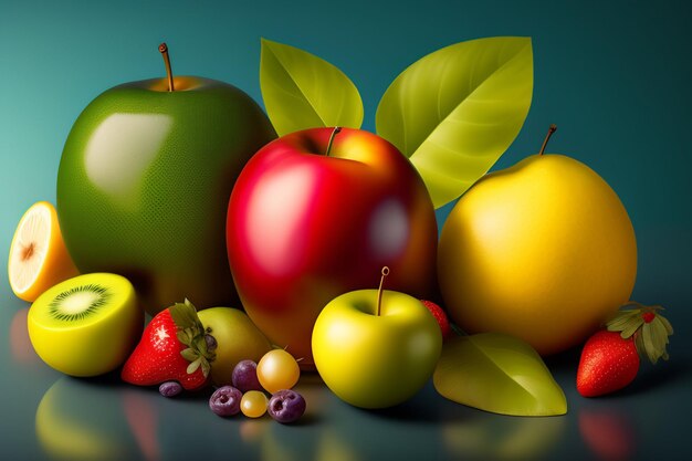 Une photo de fruits et de baies avec un fond vert.