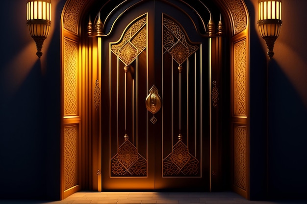 Photo gratuite photo gratuite ramadan kareem eid mubarak lampe royale élégante avec entrée de la mosquée porte sainte