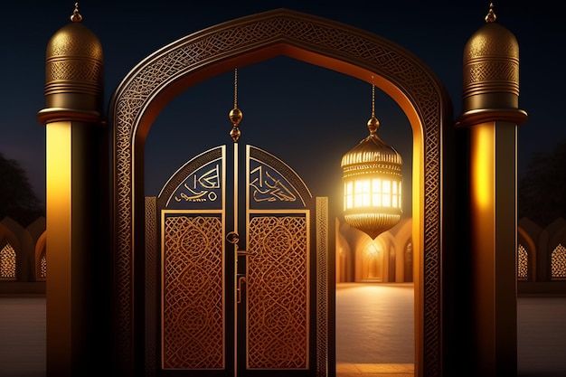 Photo Gratuite Ramadan Kareem Eid Mubarak Lampe Royale Élégante Avec Entrée De La Mosquée Porte Sainte