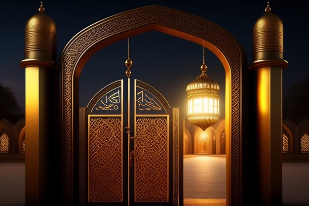 Photo Gratuite Ramadan Kareem Eid Mubarak Lampe Royale Élégante Avec Entrée De La Mosquée Porte Sainte