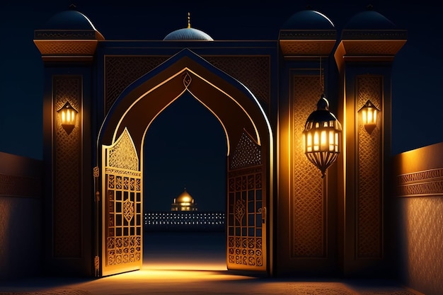 Photo Gratuite Ramadan Kareem Eid Mubarak Lampe Royale Élégante Avec Entrée De La Mosquée Porte Sainte