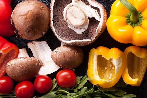 Photo en gros plan sur des légumes biologiques sains allongés sur une table en bois sombre