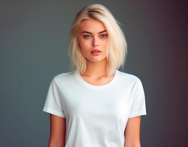 Photo gratuite photo d'une jeune femme blonde portant un t-shirt blanc sur un fond sombre