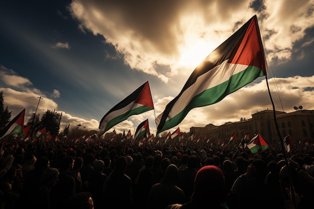 Photo d’une marche massive avec des drapeaux palestiniens