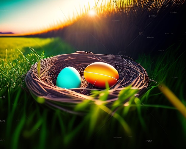 Une photo d'un nid d'oiseau avec deux œufs colorés dedans.