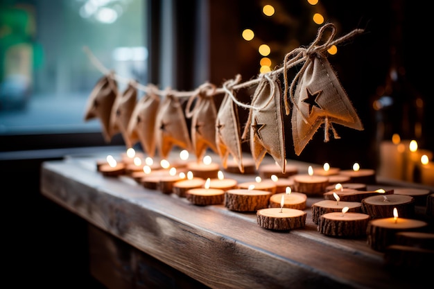 Photo gratuite photo de noël de banderoles de hesse enfilées et de petites bougies