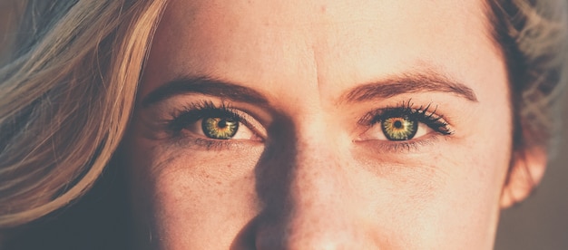 Photo panoramique du visage de belles femmes aux yeux verts regardant vers