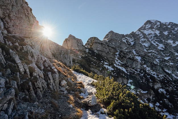 Photo de paysage de montagnes enneigées avec le soleil qui brille