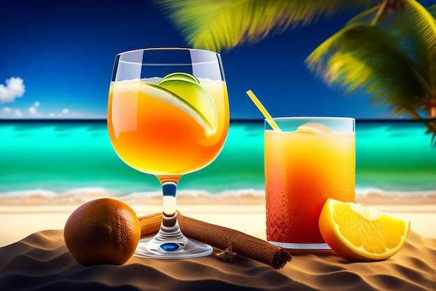 Photo gratuite une photo d'une plage avec un verre de jus d'orange et une boisson.