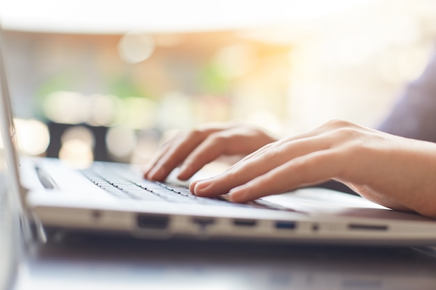 Photo recadrée de mains de femme tapant sur le clavier de son ordinateur portable tout en préparant son diplôme.