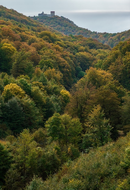 Photo verticale de l'automne dans la montagne Medvednica avec le château Medvedgrad