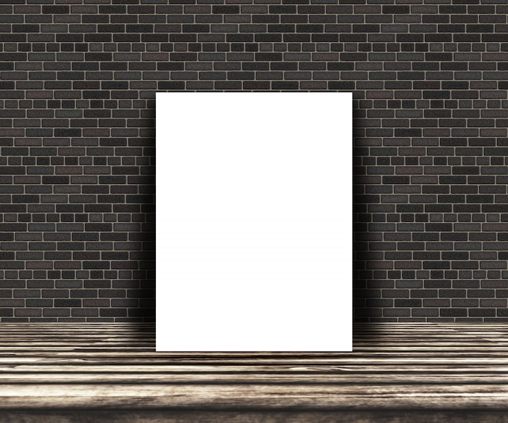 Photo gratuit photo vide 3d sur une table en bois, appuyé contre un mur de briques