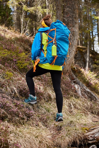 Photo d'une voyageuse surmontant la colline, randonnées en forêt, porte un grand sac à dos bleu sur le dos, fait un pas