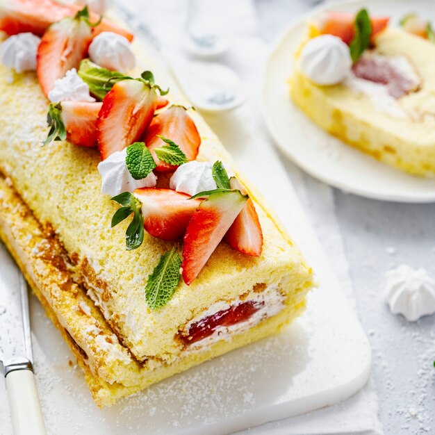 Photographie alimentaire du rouleau suisse aux fraises moelleuses