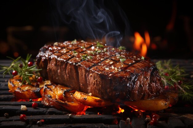 photographie cinématographique de steak de bœuf grillé