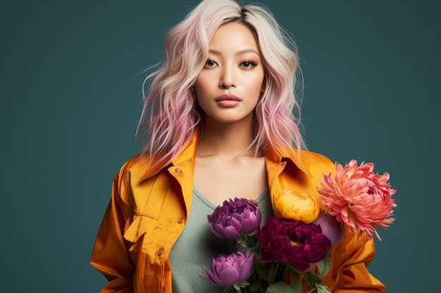 Photo gratuite photographie éditoriale d'une jeune femme asiatique aux cheveux roses portant des vêtements pastels et tenant quelques