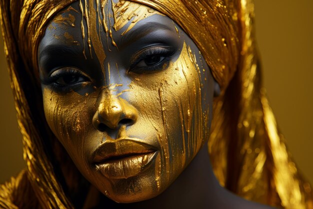 Photographie luxueuse d'une belle femme recouverte d'or liquide