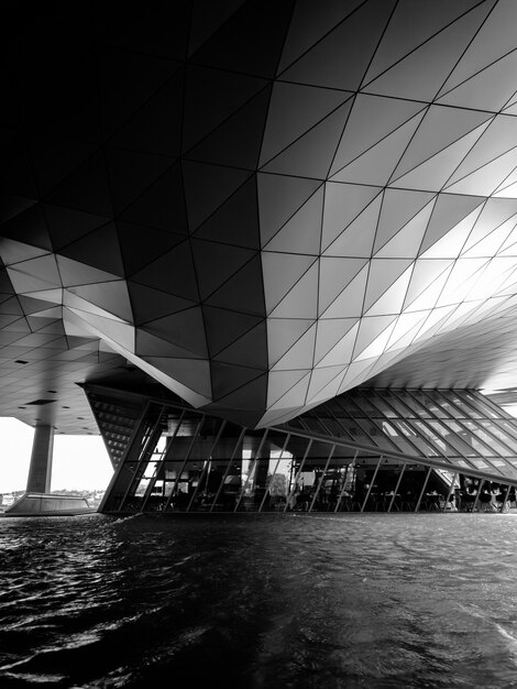 Photographie en niveaux de gris du bâtiment