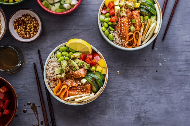 Photographie à plat de poke bowl au saumon