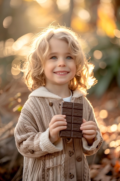 Photo gratuite photorealistic portrait of child eating tasty and sweet chocolate