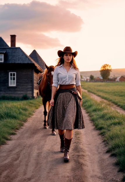 Photo gratuite photorealistic portrait of female cowboy at sunset