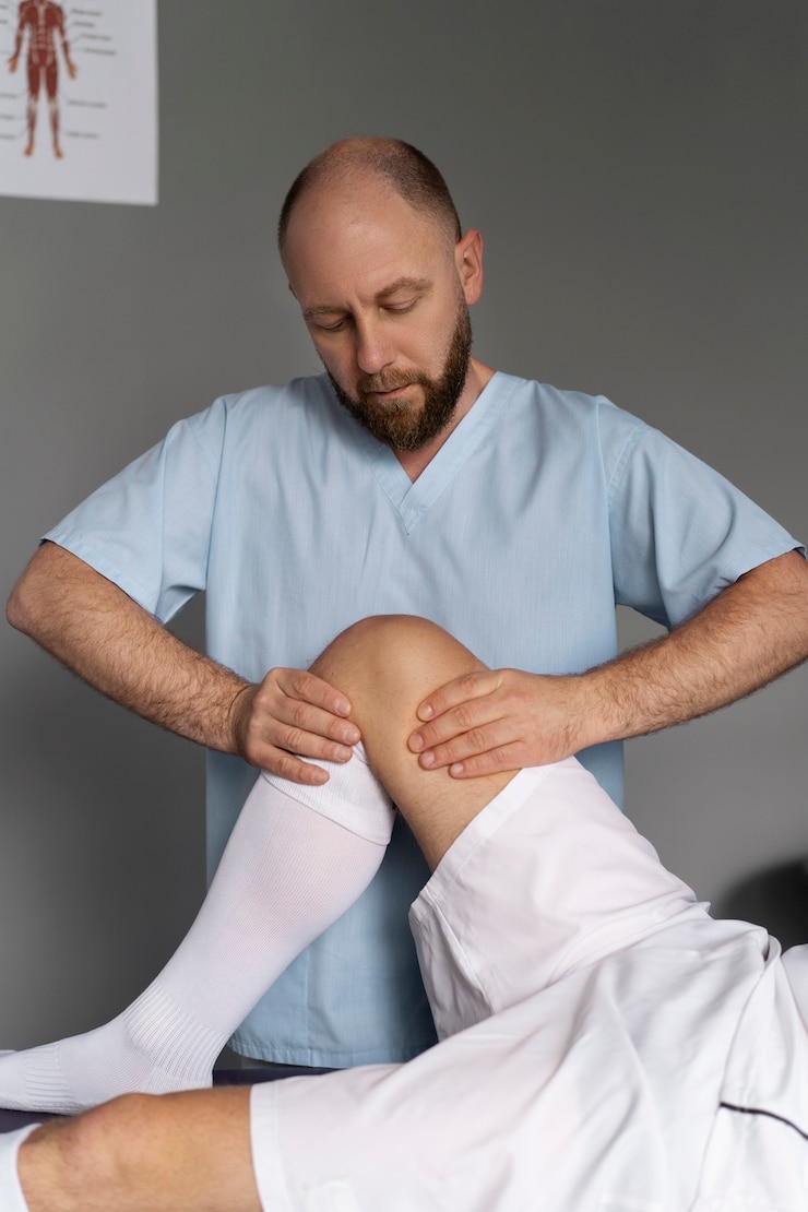 Photo gratuit physiothérapeute vue de face aidant le patient