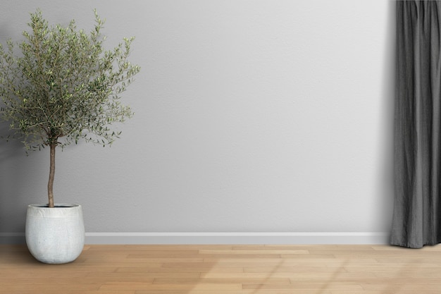 Pièce minimale vide avec mur gris et rideau