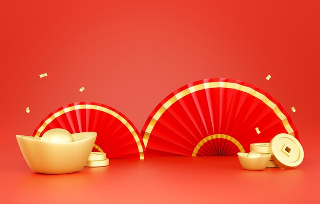 Pièces d'argent chinoises en or fond du nouvel an chinois illustration 3D présentation de la scène d'affichage vide pour le placement de produit