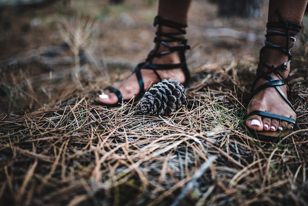 Pieds de femme près d'un cône de conifère au sol