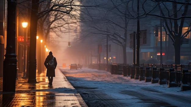 Photo gratuite un piéton solitaire se promène tranquillement dans les rues paisibles de la ville à l'aube.