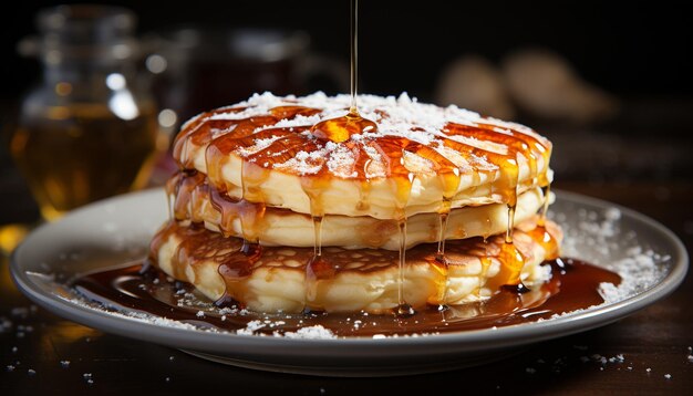 Une pile de crêpes faites maison avec du sirop et des fruits frais générés par l'intelligence artificielle