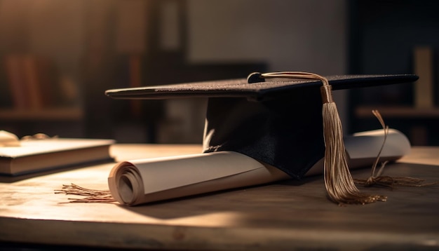 Photo gratuite pile de diplômes sur fond de bibliothèque antique généré par l'ia