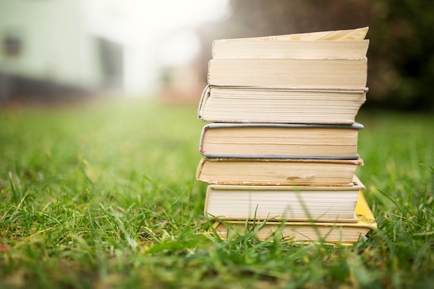 Pile de livres sur la pelouse