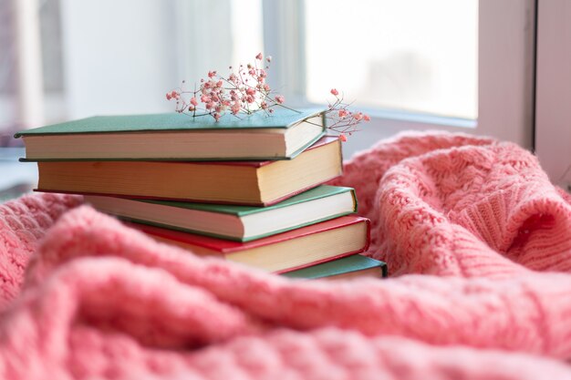 Une pile de livres rouges et verts avec des fleurs sèches sur un chandail tricoté chaud rose