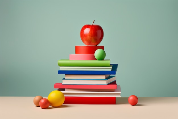 Une pile de livres scolaires avec de la pomme