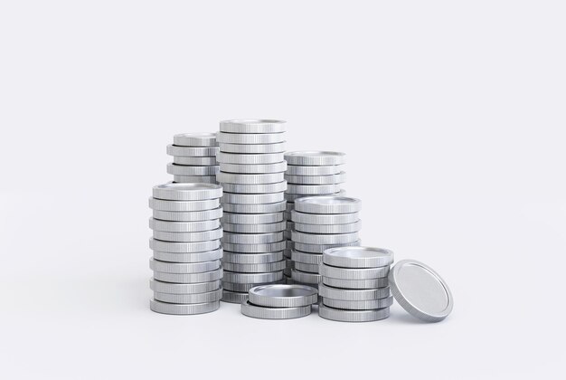 Piles de pièces d'argent argent monnaie finances épargne concept d'investissement fond illustration 3D